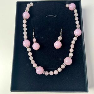 Vintage Set Rose Quartz Beaded Necklace and Matching Earrings for Pierced Lobes